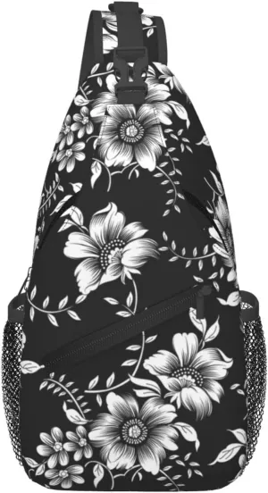 Black White Flowers Crossbody Sling Bag for Women Men Abstract Monochrome Flower with Tropical Leaves Travel Sling Backpack Casual Shoulder Bag Botanical Floral Print Sports Hiking Daypack