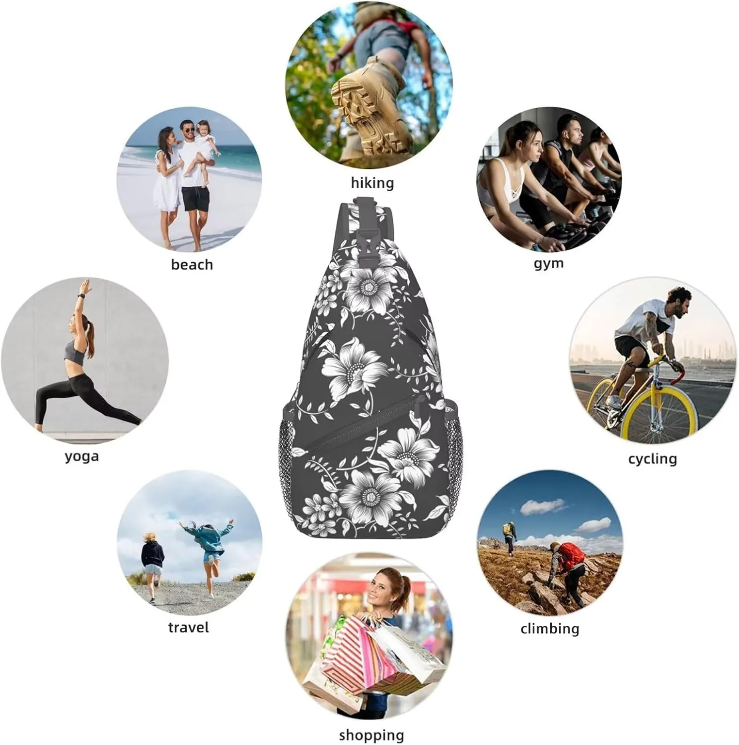 Black White Flowers Crossbody Sling Bag for Women Men Abstract Monochrome Flower with Tropical Leaves Travel Sling Backpack Casual Shoulder Bag Botanical Floral Print Sports Hiking Daypack