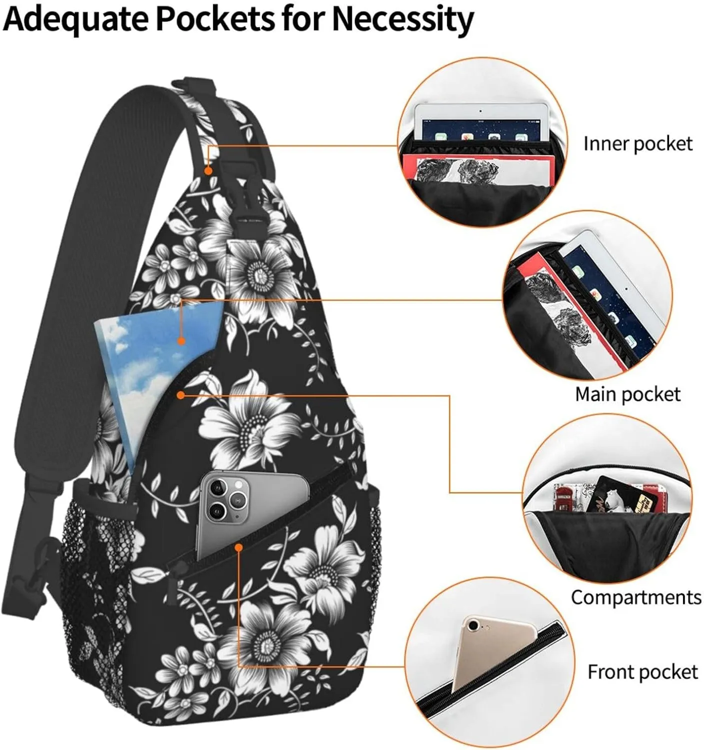 Black White Flowers Crossbody Sling Bag for Women Men Abstract Monochrome Flower with Tropical Leaves Travel Sling Backpack Casual Shoulder Bag Botanical Floral Print Sports Hiking Daypack