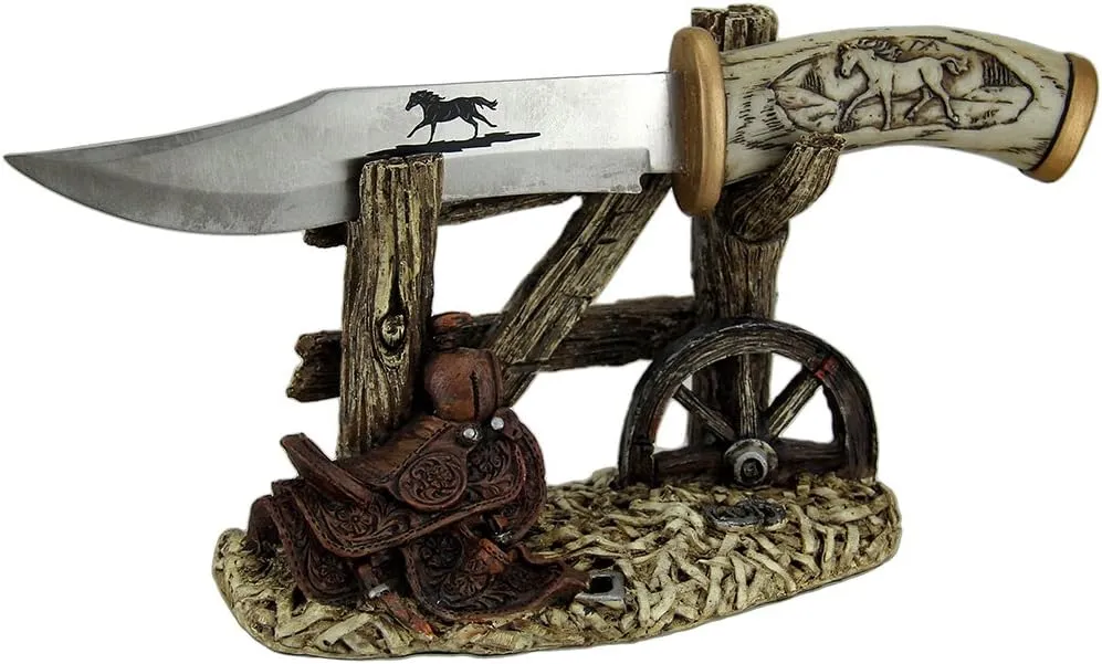 Blade of The Bronco Rustic Wild Horse & Fence Decorated Fixed Knife & Holder Set