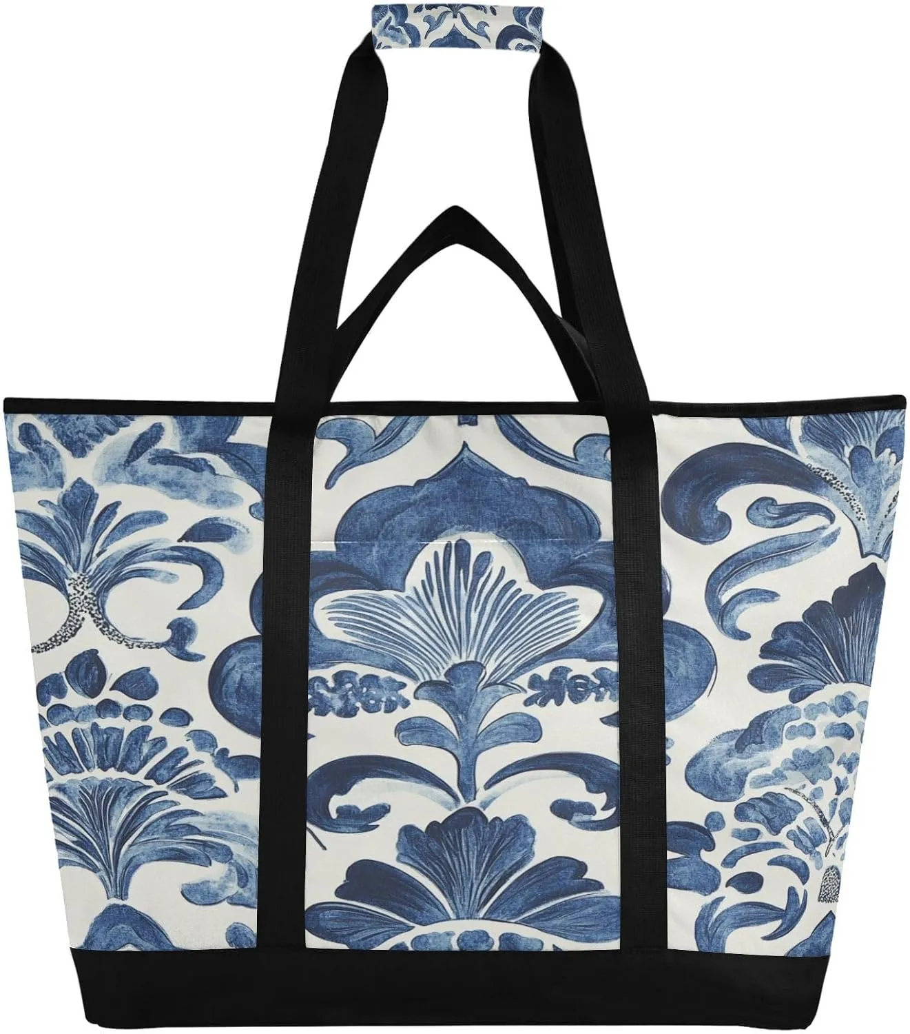 Blue and White Pattern Reusable Insulated Lunchbox Cooler Bag, Leakproof Kitchen Grocery Bag Collapsible Portable Cooler Tote Bag for Picnic, Camping, Office, Travel