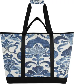 Blue and White Pattern Reusable Insulated Lunchbox Cooler Bag, Leakproof Kitchen Grocery Bag Collapsible Portable Cooler Tote Bag for Picnic, Camping, Office, Travel