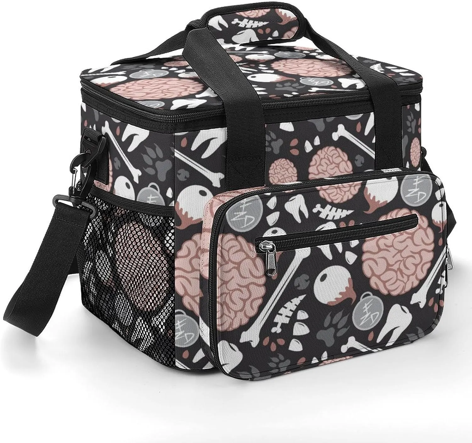 Bone Teeth Eye Footprint Brain Print Cooler Bag with Handle Portable Lunch Bags Adjustable Crossbody Straps Insulation Tote for Camping
