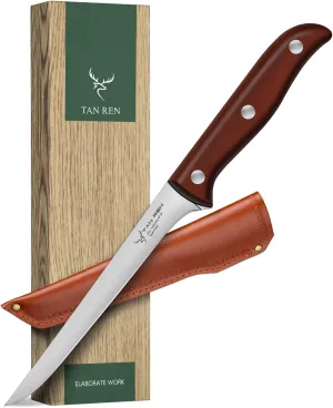 Boning Knife - 6 Inch Stainless Steel, Flexible Curved Knife for Meat Cutting and Trimming, Includes Sheath