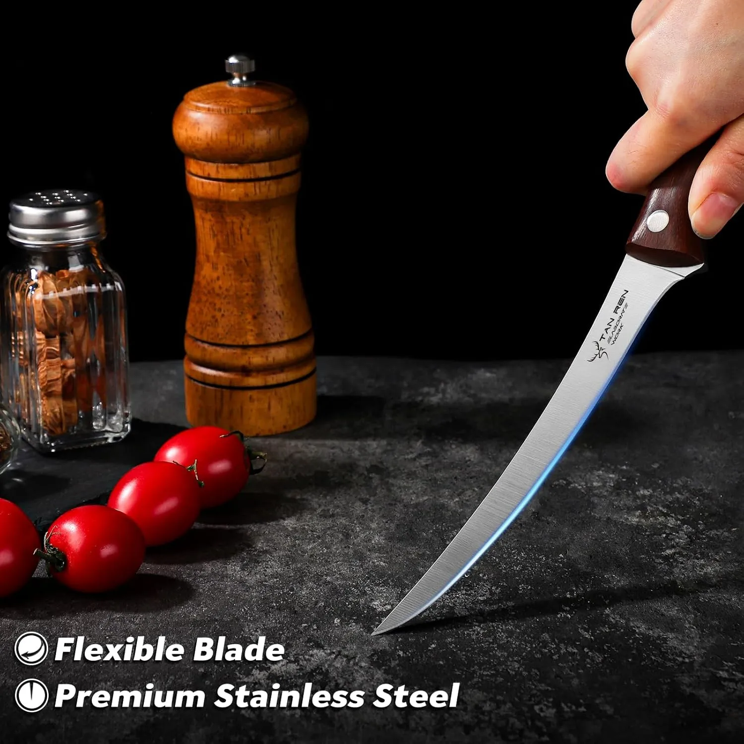 Boning Knife - 6 Inch Stainless Steel, Flexible Curved Knife for Meat Cutting and Trimming, Includes Sheath