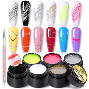 Born Pretty Spider Nail Gel Polish, Neon Yellow Hot Pink Reflective Matrix Liner Gel Elastic Drawing Gel Polish for Line with Paint Design Brush Tool Nail Art Wire Drawing Gel Kit 6 Colors