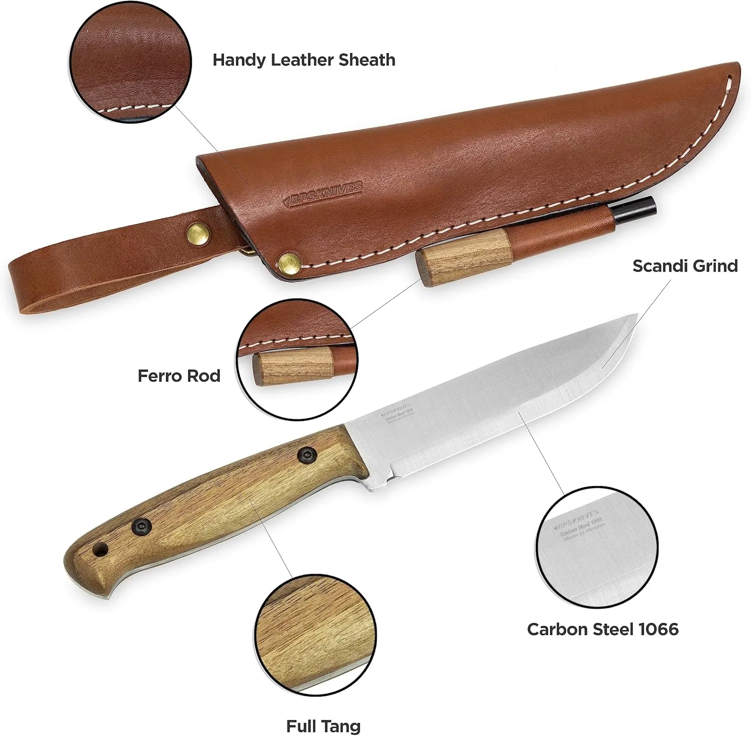 BPS Knives Adventurer - Bushcraft Knife - Fixed-Blade Carbon Steel Knife with Leather Sheath and Firestarter - Outdoor Full Tang Knives - Camping Knives - Survival Tactical Camp Knives