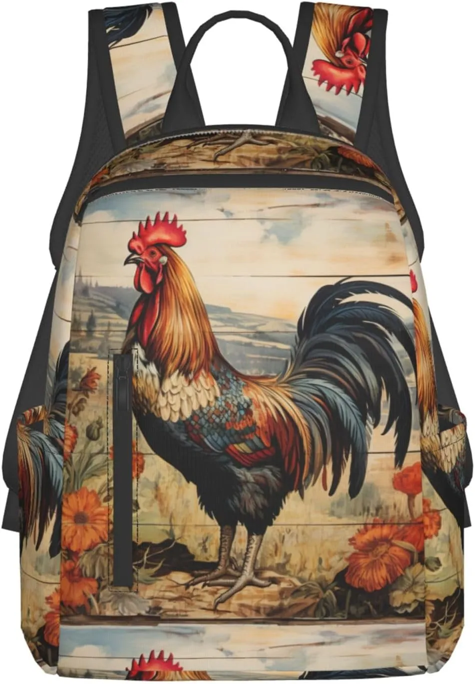 BREAUX Rooster on Wood in Farmland Lightweight Backpack Travel Shoulder Bag Laptop Backpack High Density Twill Composite Fabric