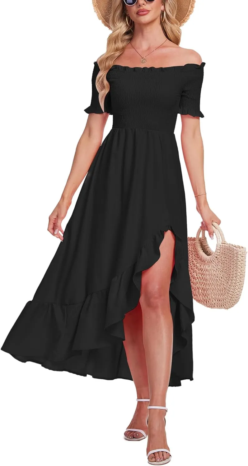 Breezy Lane Women's Floral Print Off Shoulder Split Dress Boho Long A Line Dress