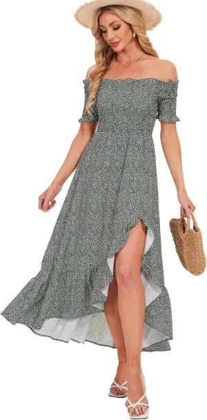 Breezy Lane Women's Floral Print Off Shoulder Split Dress Boho Long A Line Dress