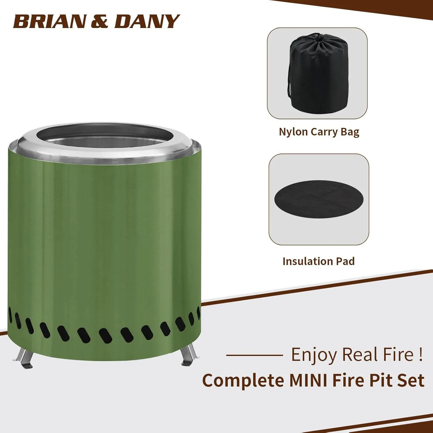 BRIAN & DANY Tabletop Solo Fire Pit with Stand, Smokeless Firepit for Outside, Stainless Steel Stove Bonfire, Fueled by Pellets or Wood, Includes Travel Bag & Fireproof Mat -8.6in x 10in,Green