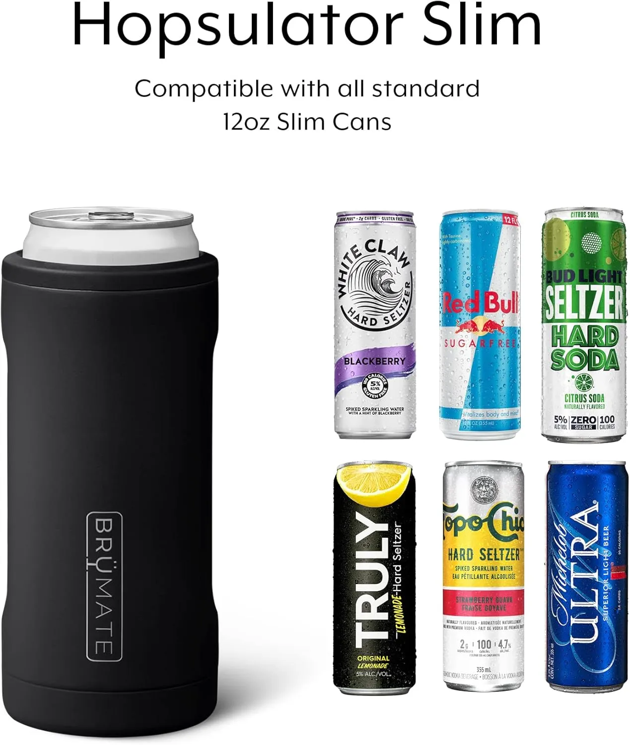 BrüMate Hopsulator Slim Can Cooler Insulated for 12oz Slim Cans | Skinny Can Insulated Stainless Steel Drink Holder for Hard Seltzer, Beer, Soda, and Energy Drinks (Glitter Charcoal)