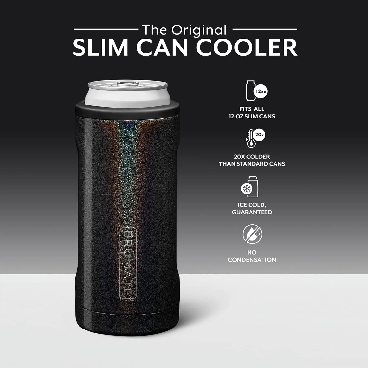 BrüMate Hopsulator Slim Can Cooler Insulated for 12oz Slim Cans | Skinny Can Insulated Stainless Steel Drink Holder for Hard Seltzer, Beer, Soda, and Energy Drinks (Glitter Charcoal)