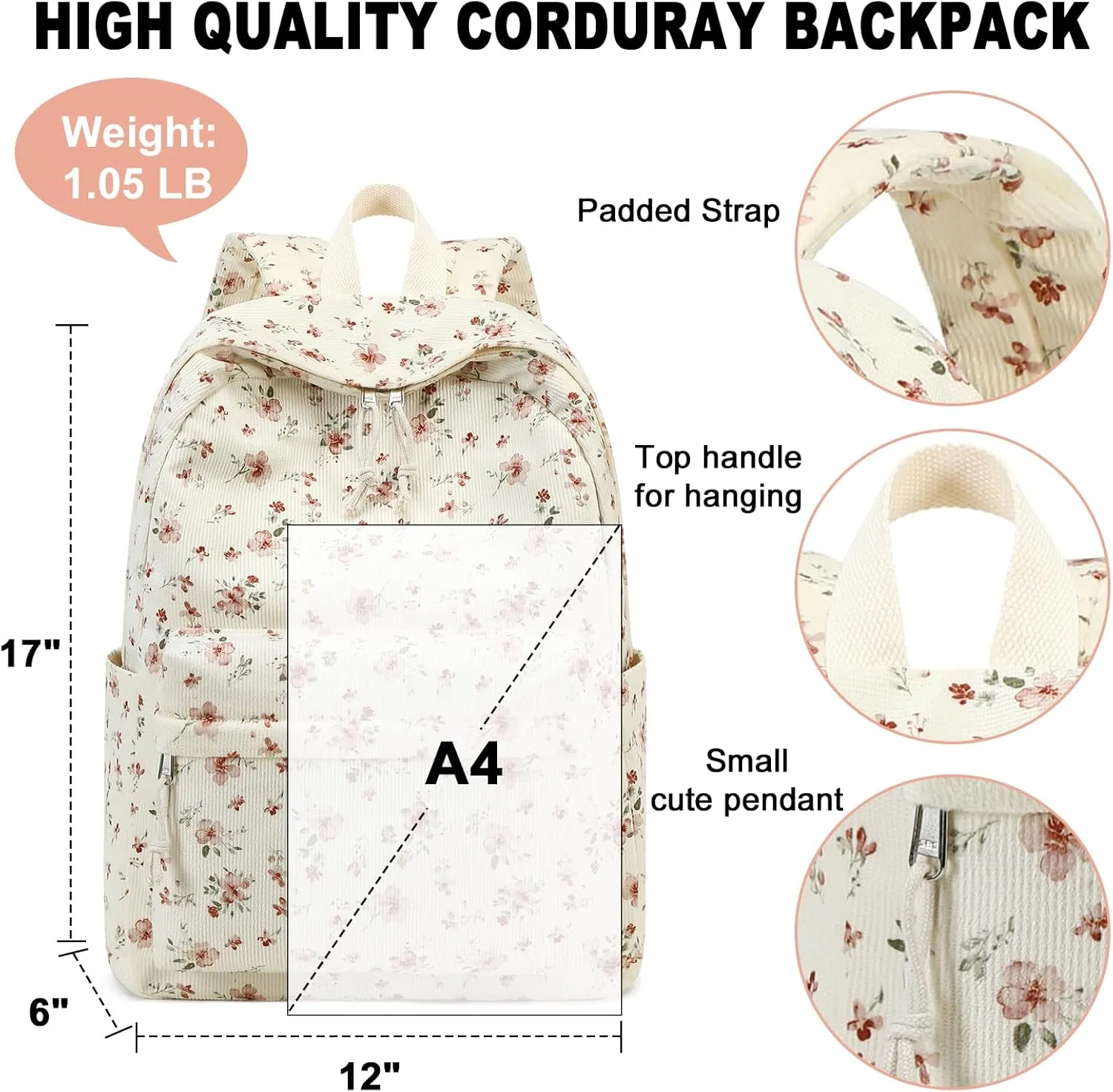 BTOOP School Backpack for Teens Large Corduroy Bookbag Lightweight Girls Boys Casual High School College 17 inch Laptop Travel Bag (Grace Pink Flower)