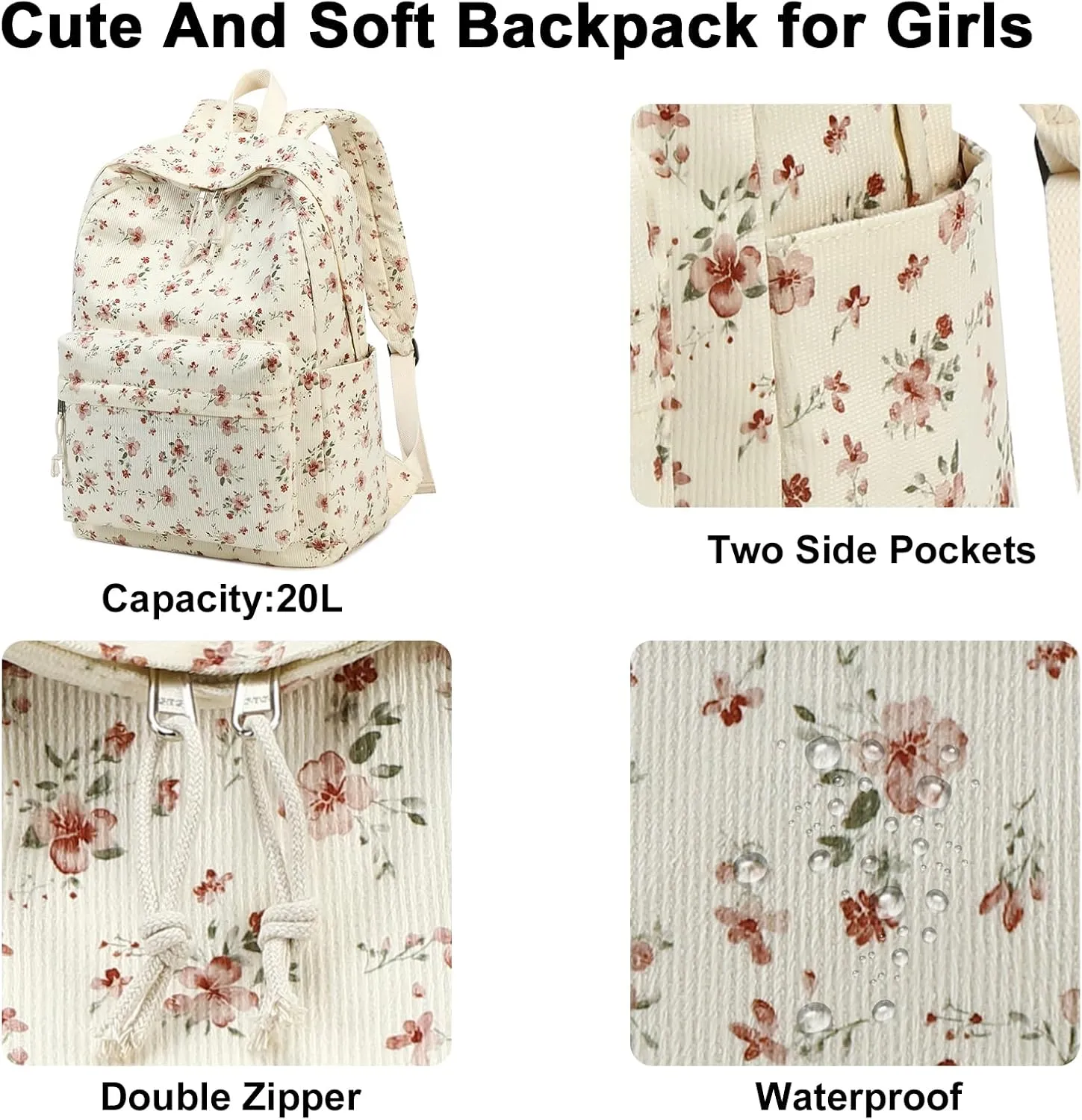 BTOOP School Backpack for Teens Large Corduroy Bookbag Lightweight Girls Boys Casual High School College 17 inch Laptop Travel Bag (Grace Pink Flower)