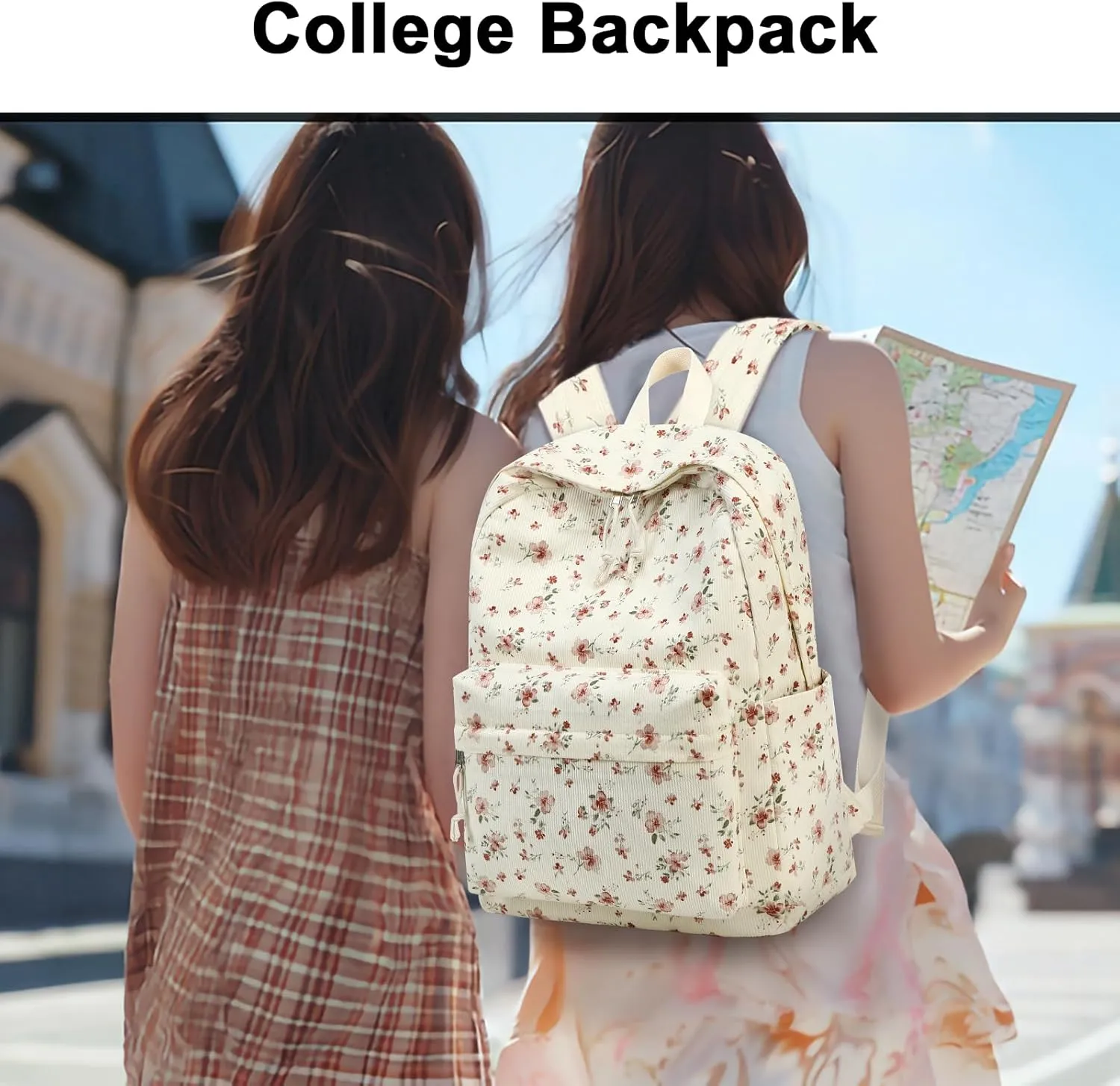 BTOOP School Backpack for Teens Large Corduroy Bookbag Lightweight Girls Boys Casual High School College 17 inch Laptop Travel Bag (Grace Pink Flower)