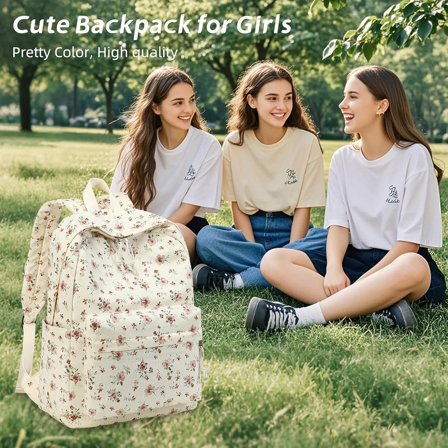 BTOOP School Backpack for Teens Large Corduroy Bookbag Lightweight Girls Boys Casual High School College 17 inch Laptop Travel Bag (Grace Pink Flower)
