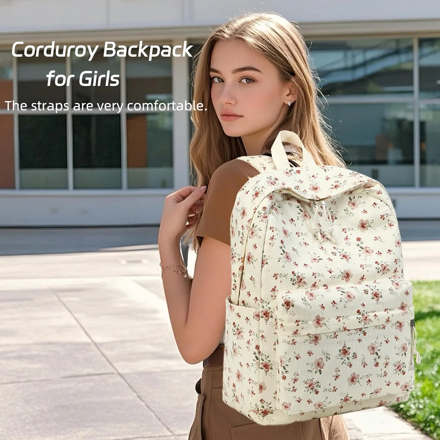 BTOOP School Backpack for Teens Large Corduroy Bookbag Lightweight Girls Boys Casual High School College 17 inch Laptop Travel Bag (Grace Pink Flower)