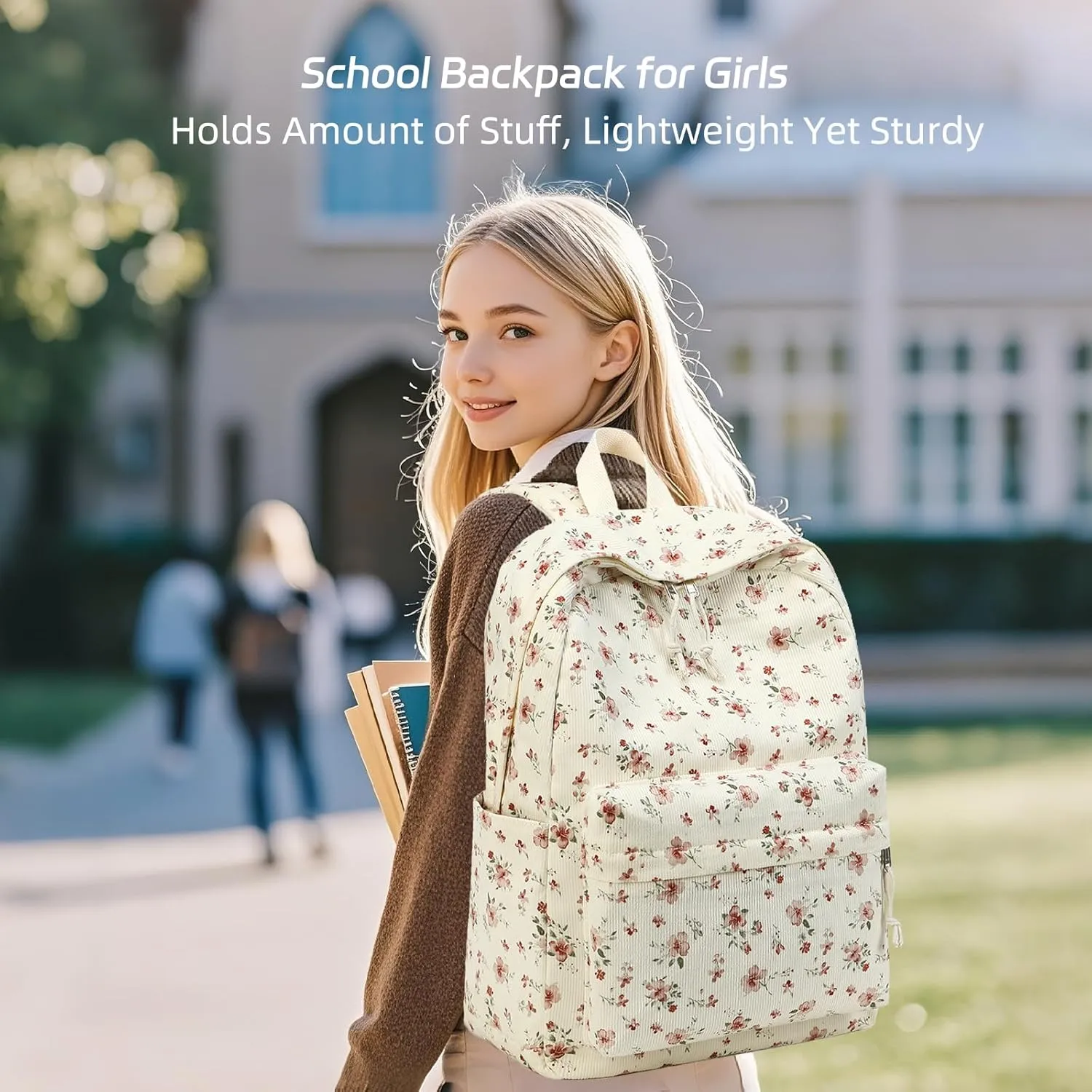 BTOOP School Backpack for Teens Large Corduroy Bookbag Lightweight Girls Boys Casual High School College 17 inch Laptop Travel Bag (Grace Pink Flower)