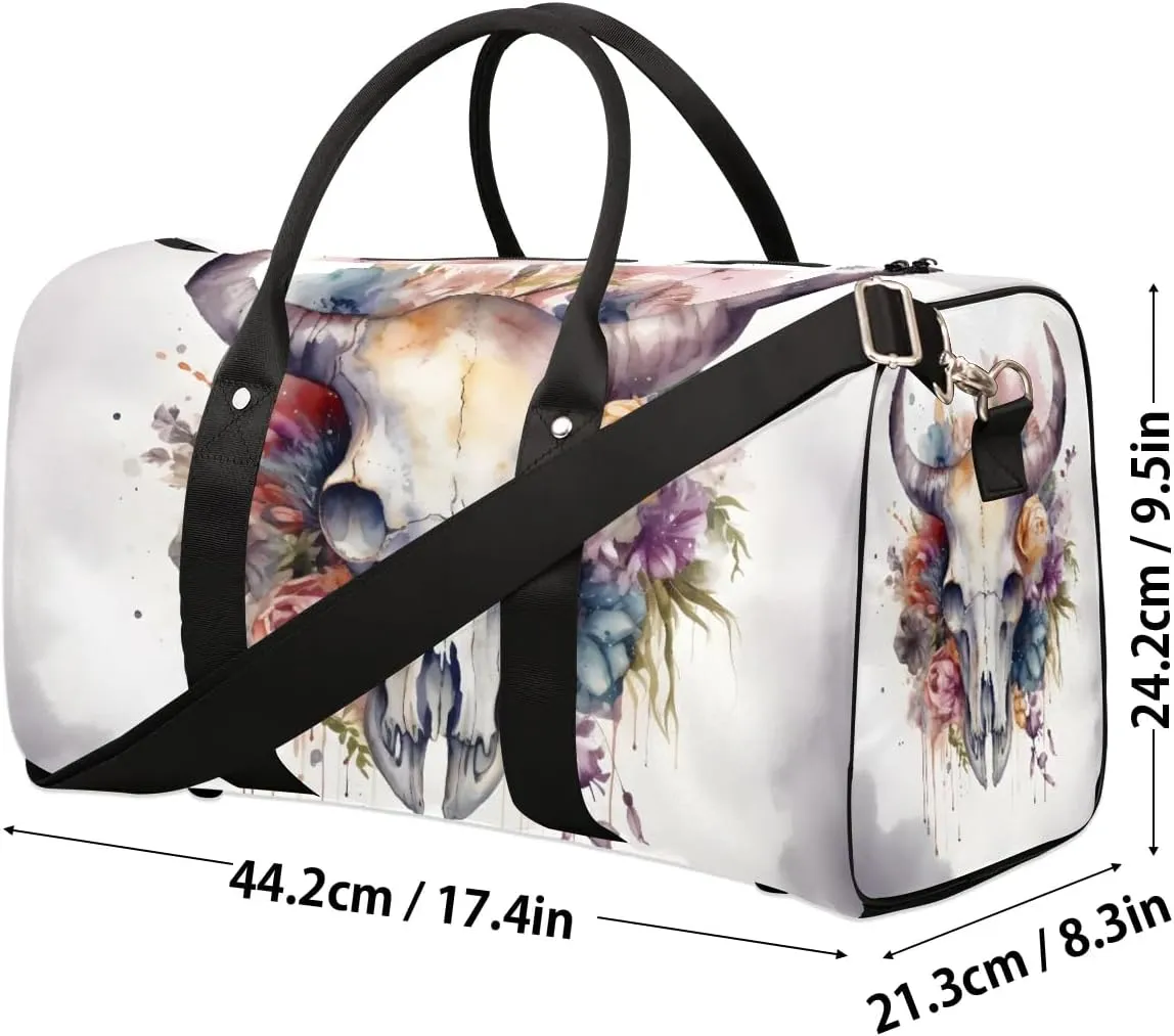 Bull Skull Flower Travel Duffel Bag for Women Men Waterproof Foldable Overnight Weekender Bag Large Capacity Sports Gym Bag