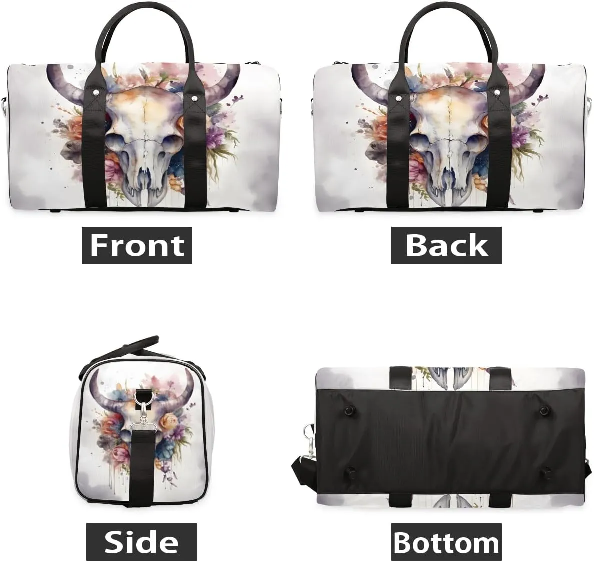 Bull Skull Flower Travel Duffel Bag for Women Men Waterproof Foldable Overnight Weekender Bag Large Capacity Sports Gym Bag