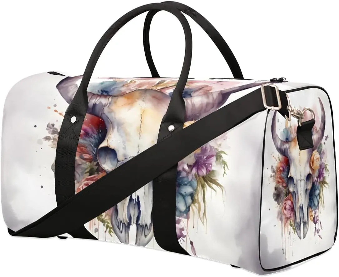 Bull Skull Flower Travel Duffel Bag for Women Men Waterproof Foldable Overnight Weekender Bag Large Capacity Sports Gym Bag
