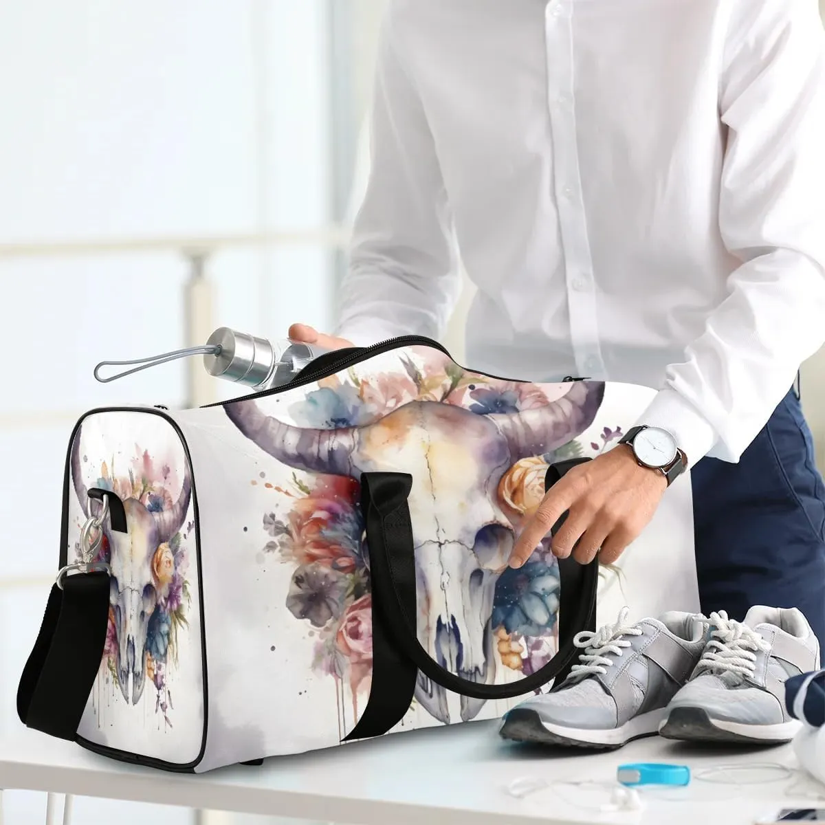Bull Skull Flower Travel Duffel Bag for Women Men Waterproof Foldable Overnight Weekender Bag Large Capacity Sports Gym Bag