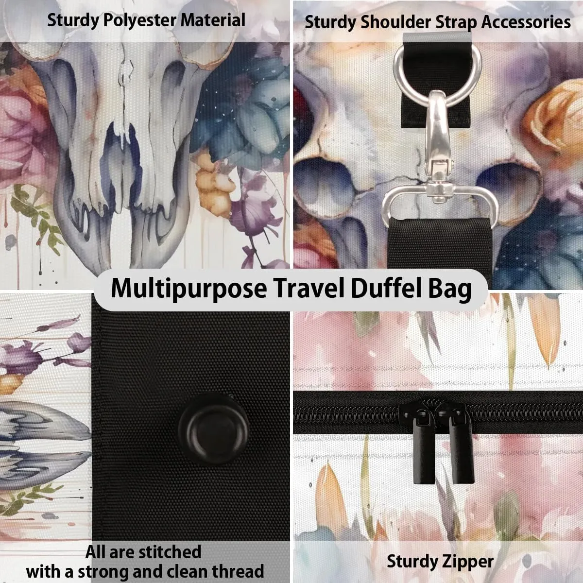 Bull Skull Flower Travel Duffel Bag for Women Men Waterproof Foldable Overnight Weekender Bag Large Capacity Sports Gym Bag
