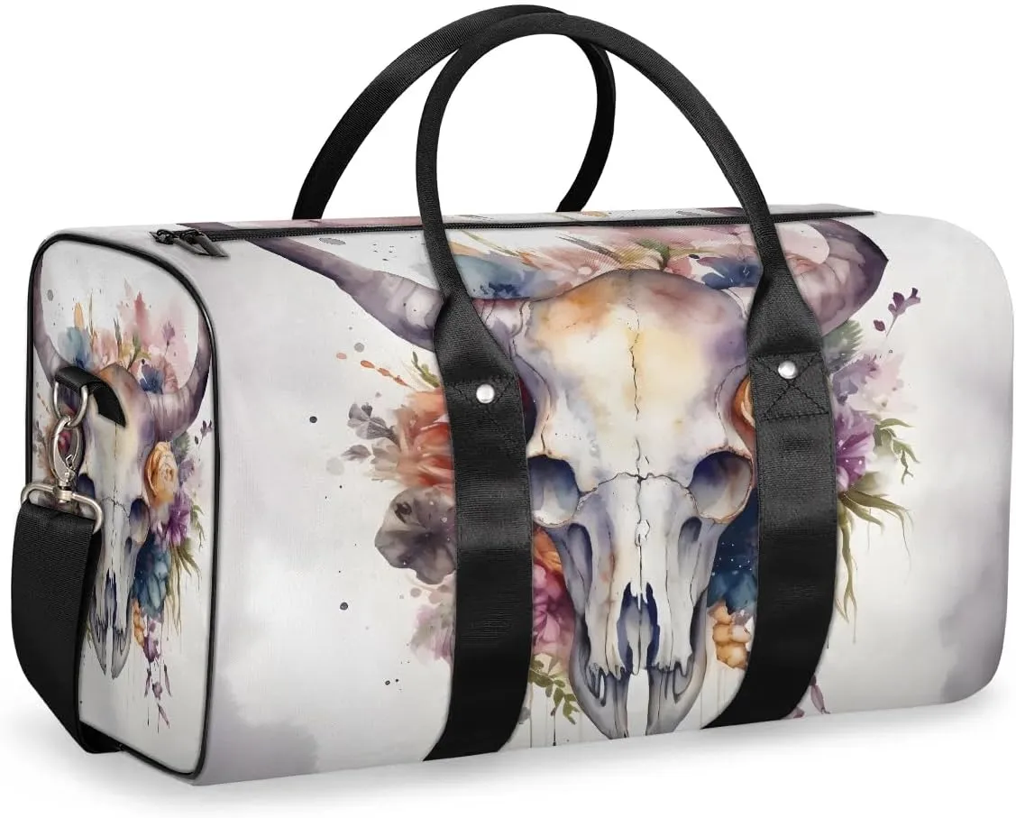 Bull Skull Flower Travel Duffel Bag for Women Men Waterproof Foldable Overnight Weekender Bag Large Capacity Sports Gym Bag