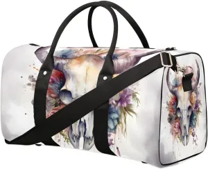 Bull Skull Flower Travel Duffel Bag for Women Men Waterproof Foldable Overnight Weekender Bag Large Capacity Sports Gym Bag