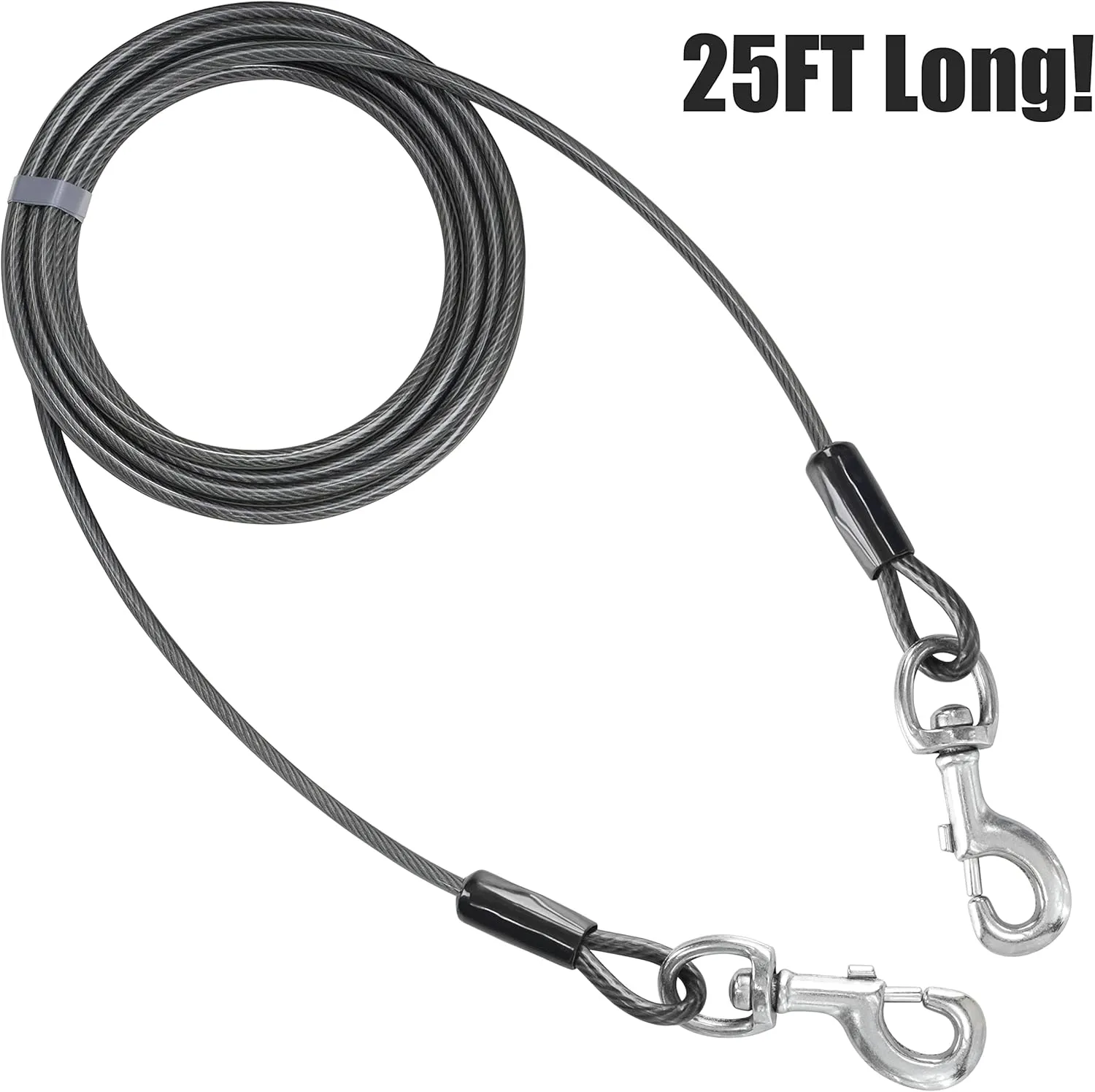 BV Dog Tie Out Cable 25ft, Up to 250 Pounds - Reflective Leads for Yard Heavy Duty with Quick Release Swivel Clips & 360° Rotating Clasp | Braided Steel and Rust Free Dog Cables for Outside, Gray