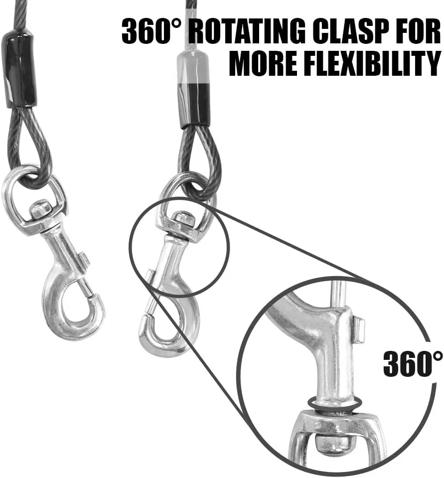 BV Dog Tie Out Cable 25ft, Up to 250 Pounds - Reflective Leads for Yard Heavy Duty with Quick Release Swivel Clips & 360° Rotating Clasp | Braided Steel and Rust Free Dog Cables for Outside, Gray