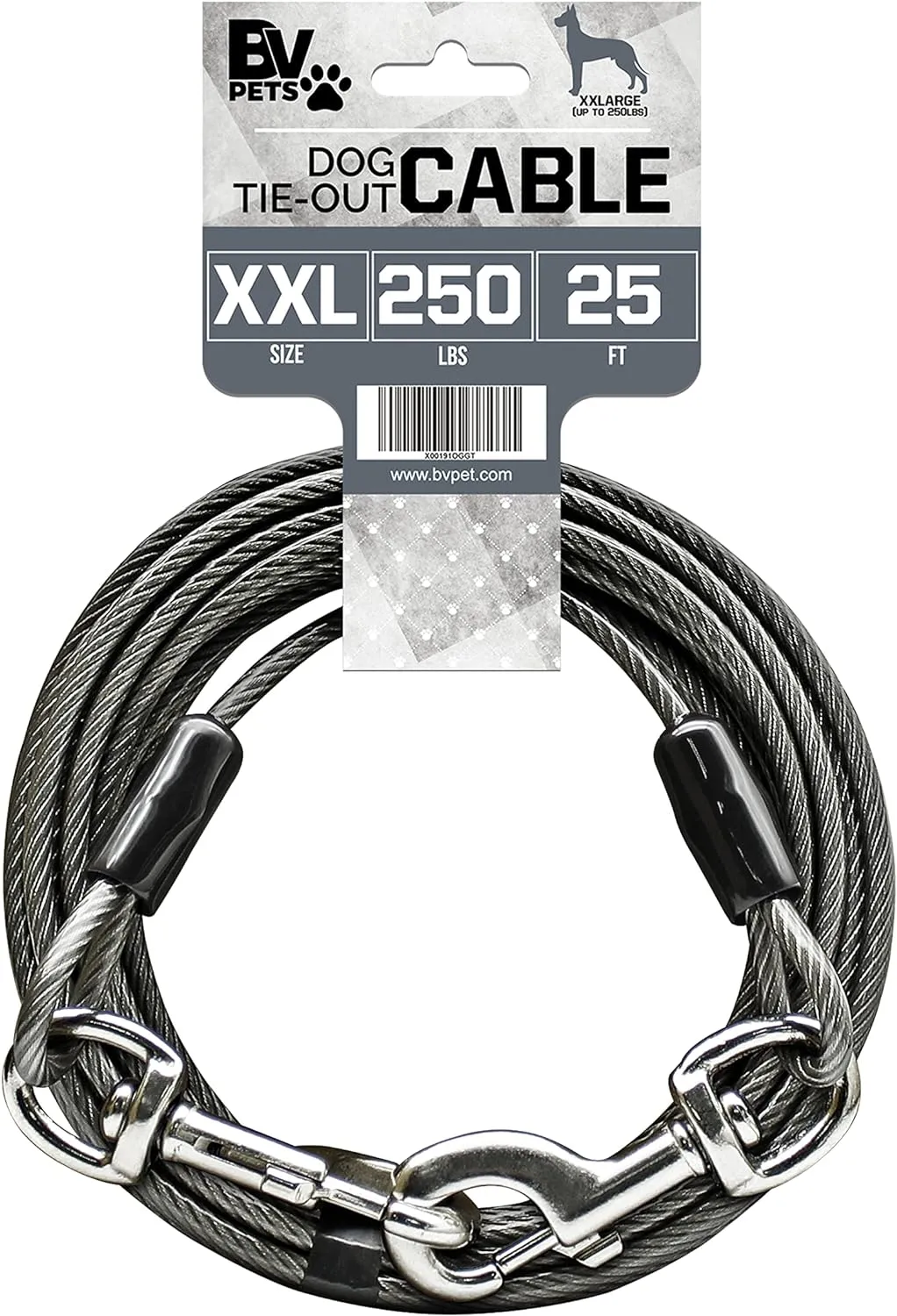 BV Dog Tie Out Cable 25ft, Up to 250 Pounds - Reflective Leads for Yard Heavy Duty with Quick Release Swivel Clips & 360° Rotating Clasp | Braided Steel and Rust Free Dog Cables for Outside, Gray