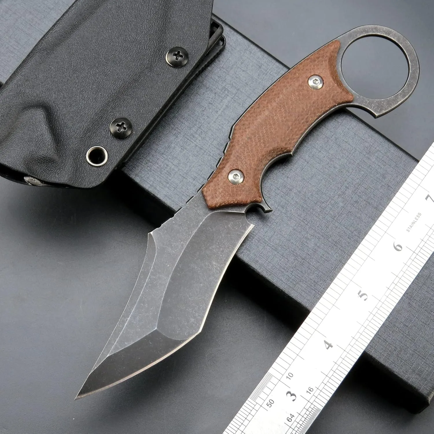 C1117 Fixed Blade Knife,D2 Steel Blade  Micarta Handle Outdoor EDC Survival Claw Knife with Kydex Sheaths(Brown) …