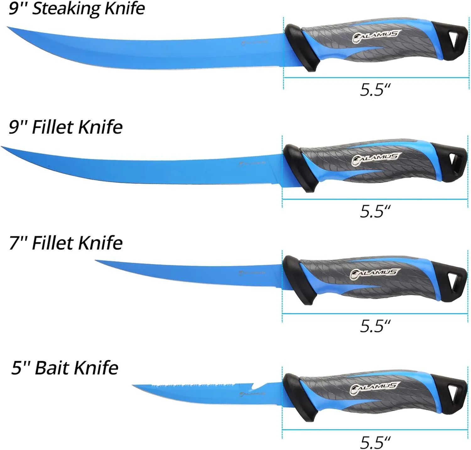Calamus Fishing Fillet Steaking Knife - 9 inch, German G4116 Stainless-Steel Blades with Corrosion Resistant Coating, Non-Slip Handles, Protective Nylon Sheath, Perfect For Fresh Or Saltwater