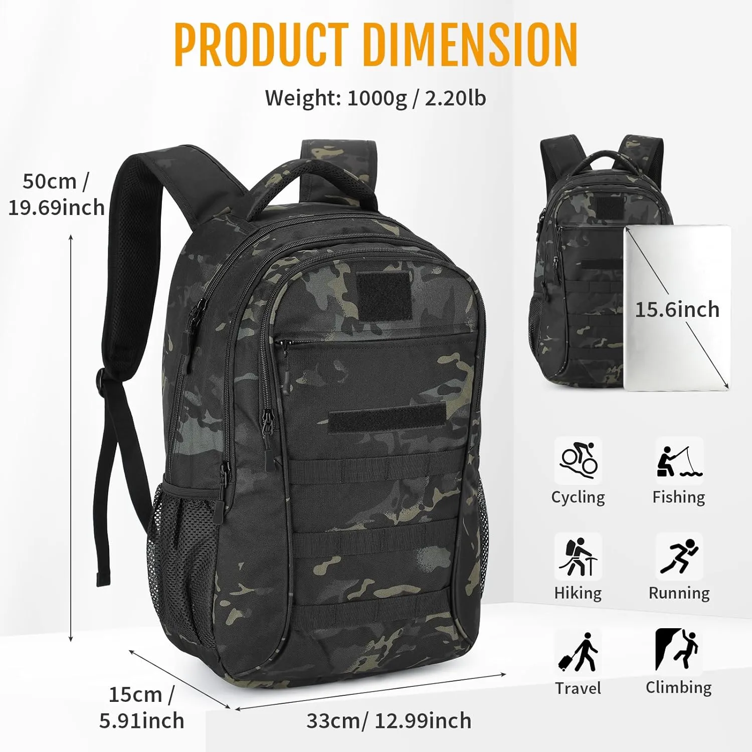 CamGo 25L Tactical Backpack for Men Women Military Hiking Daypacks Molle Travel Rucksack for Outdoor Sports Daily Work(#25L-Camo Black)