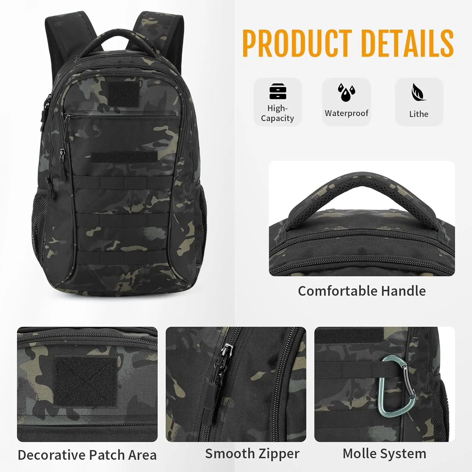 CamGo 25L Tactical Backpack for Men Women Military Hiking Daypacks Molle Travel Rucksack for Outdoor Sports Daily Work(#25L-Camo Black)