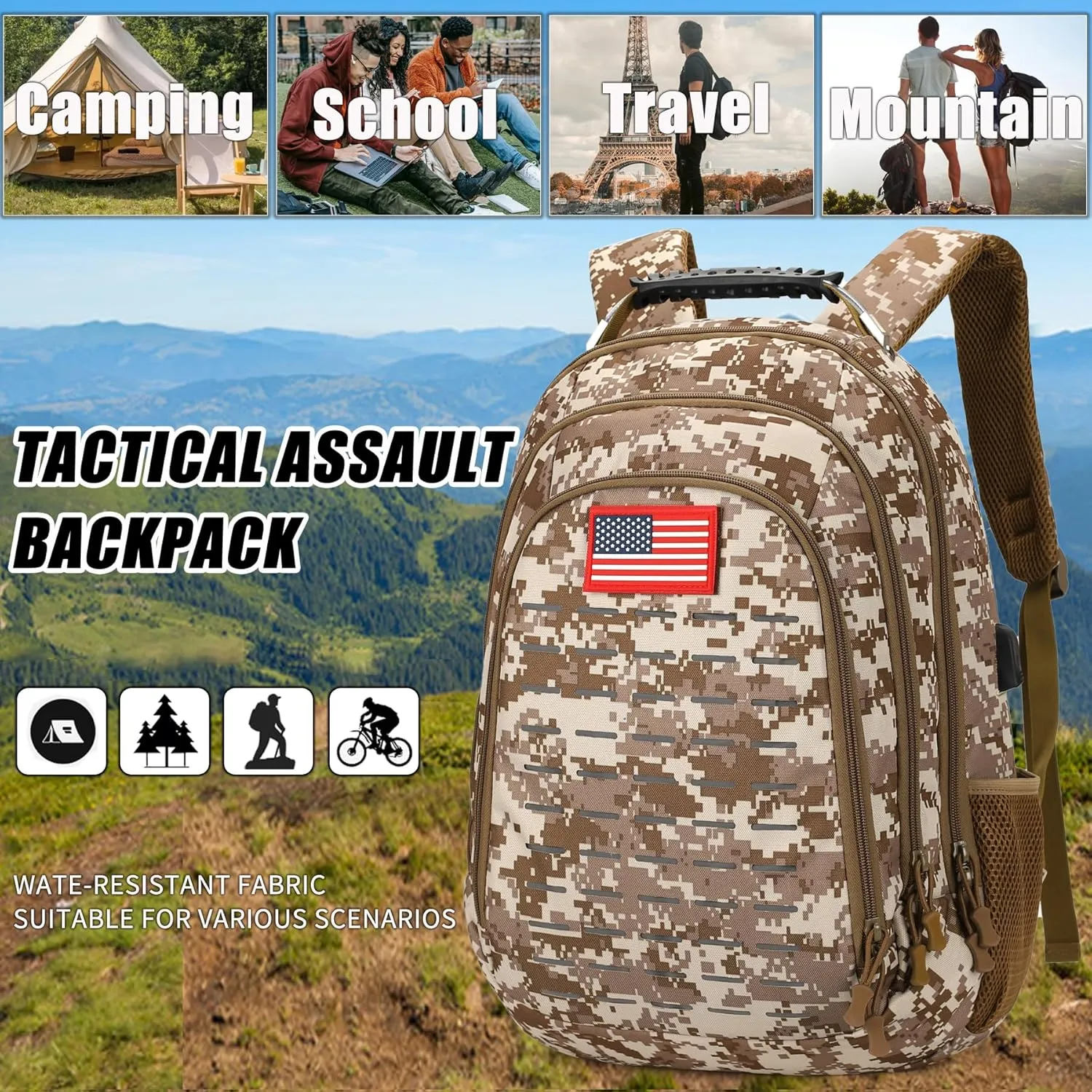 Camo Backpack for boys, Teen Boys Backpacks for School,Camo Bookbag for kid,Small Tactica Backpack for outdoor,with USB Charging Port,40L