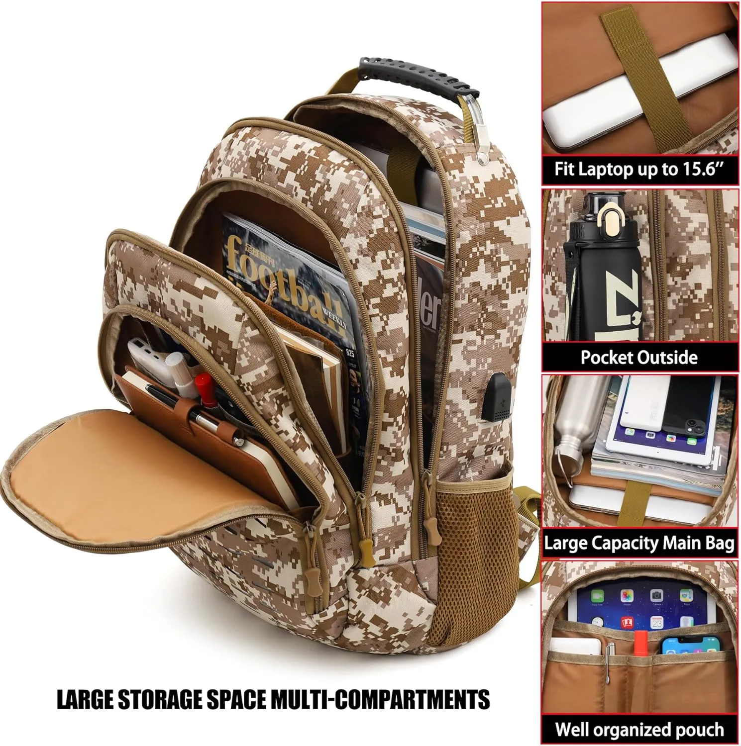 Camo Backpack for boys, Teen Boys Backpacks for School,Camo Bookbag for kid,Small Tactica Backpack for outdoor,with USB Charging Port,40L