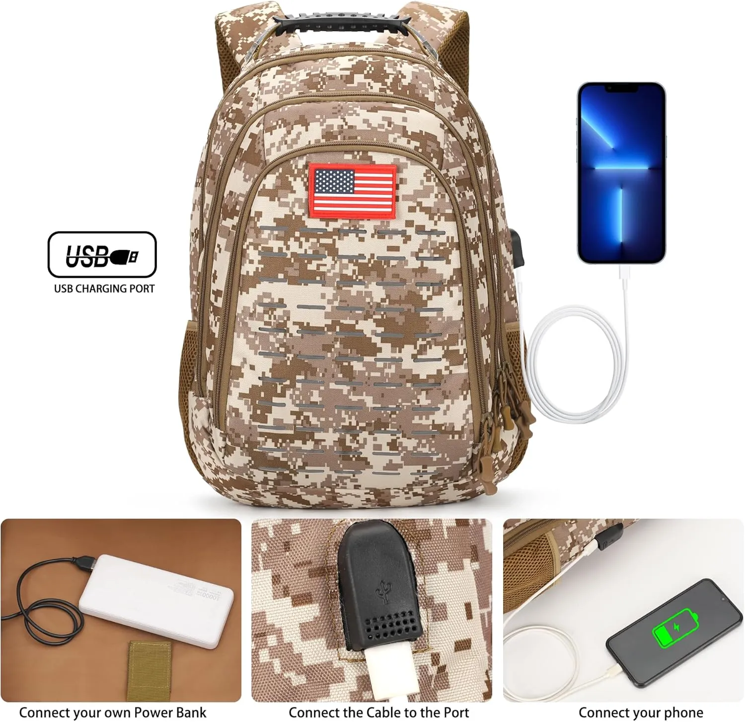 Camo Backpack for boys, Teen Boys Backpacks for School,Camo Bookbag for kid,Small Tactica Backpack for outdoor,with USB Charging Port,40L