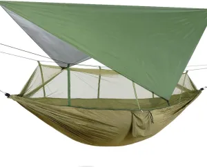 Camouflage Camping Hammock with Removable Mosquito Net and Rain Fly Tarp, Portable Nylon Hammock Tent Set with Extra Pocket for Backpacking Hiking (Army Green Hammock   Green Canopy)
