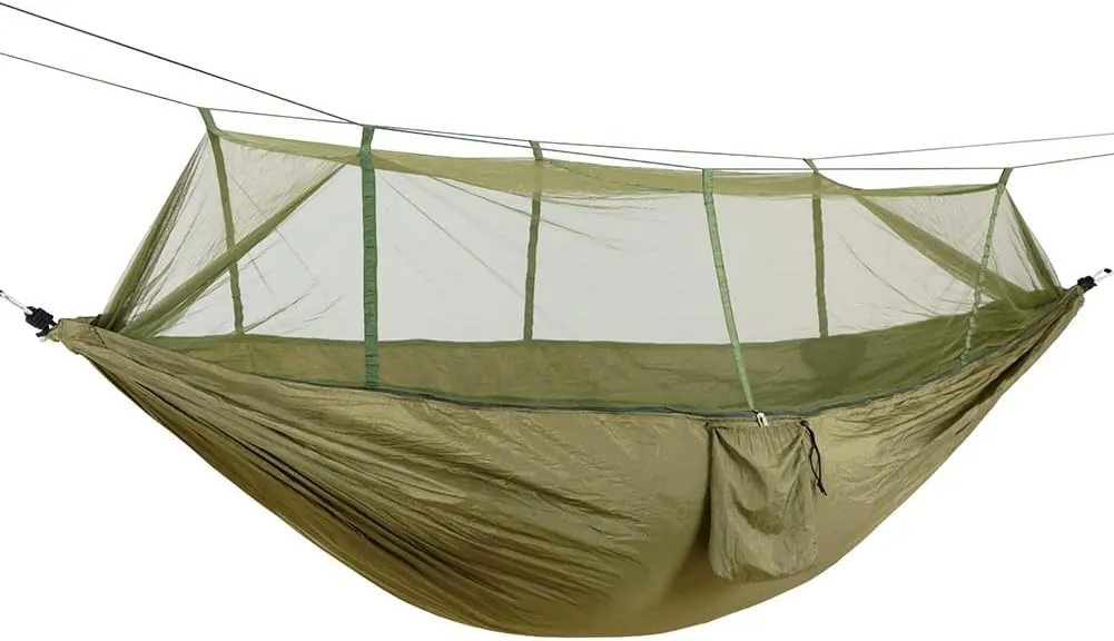 Camouflage Camping Hammock with Removable Mosquito Net and Rain Fly Tarp, Portable Nylon Hammock Tent Set with Extra Pocket for Backpacking Hiking (Army Green Hammock   Green Canopy)