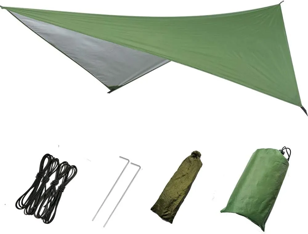 Camouflage Camping Hammock with Removable Mosquito Net and Rain Fly Tarp, Portable Nylon Hammock Tent Set with Extra Pocket for Backpacking Hiking (Dark Green Fruit Green Hammock   Green Canopy)