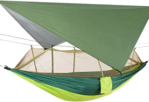 Camouflage Camping Hammock with Removable Mosquito Net and Rain Fly Tarp, Portable Nylon Hammock Tent Set with Extra Pocket for Backpacking Hiking (Dark Green Fruit Green Hammock   Green Canopy)