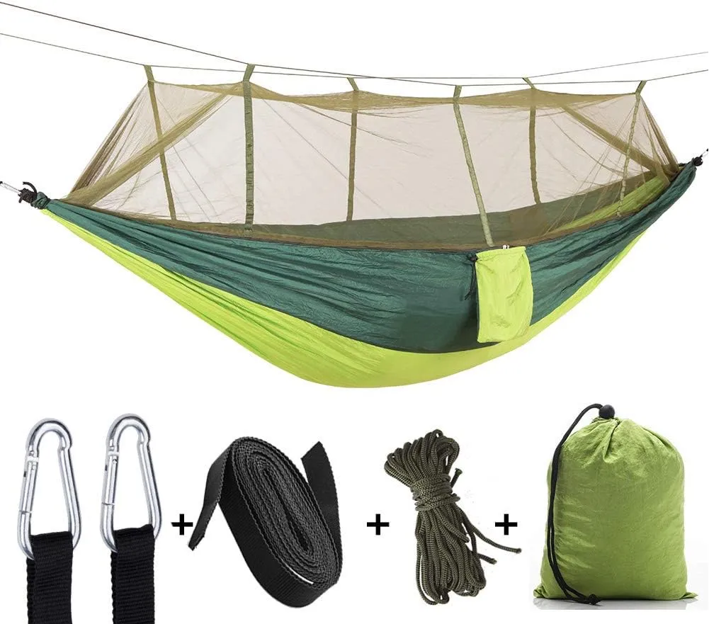 Camouflage Camping Hammock with Removable Mosquito Net and Rain Fly Tarp, Portable Nylon Hammock Tent Set with Extra Pocket for Backpacking Hiking (Dark Green Fruit Green Hammock   Green Canopy)