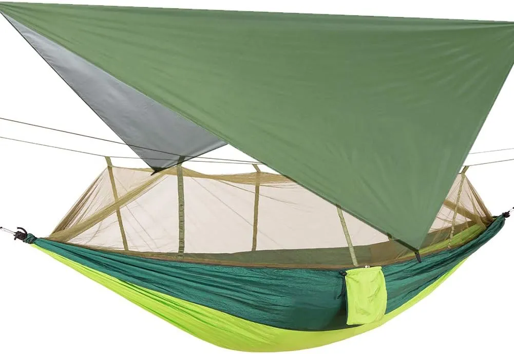 Camouflage Camping Hammock with Removable Mosquito Net and Rain Fly Tarp, Portable Nylon Hammock Tent Set with Extra Pocket for Backpacking Hiking (Dark Green Fruit Green Hammock   Green Canopy)