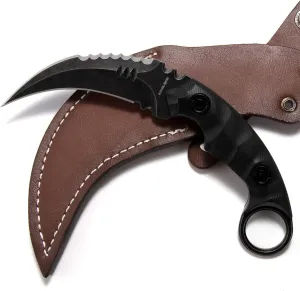 Camping EDC Tools Outdoor Survival Claw Tactical Teeth Knife Double Edged Sharp Fixed Blade Karambit Back Serrated Edge Blade G10 Handle with Sheath