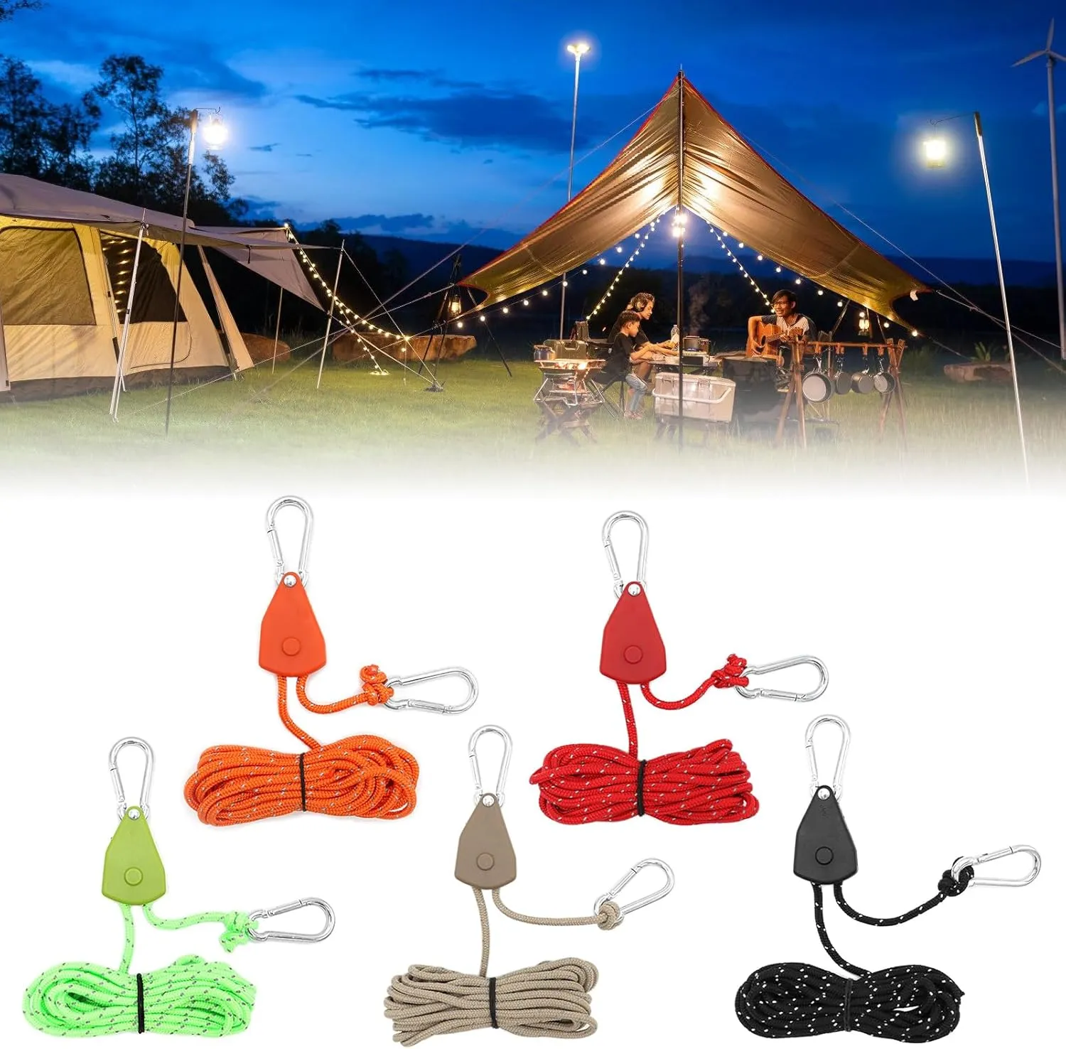 Camping Rope with Ratchets Pulley Quick Setups Outdoor Guy Line Adjusted Tent Tie Downs Rope Hangers for Canopy Kayak