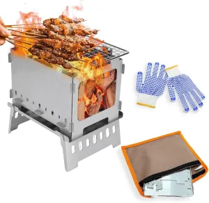 Camping Stove Stainless Steel Folding Wood Stove Portable Wood Burning Stove Pocket Stove for Outdoor Camping Cooking Picnic(8.5"x8"x6.1")