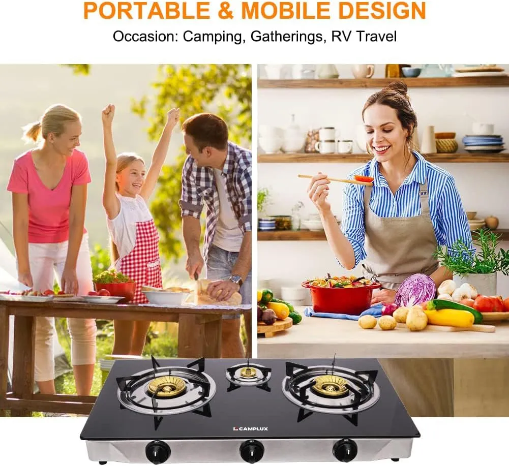 Camplux Propane Gas Stove with 21,600BTU, 3 Burners Propane Stove, Tempered Glass Camping Cooking Stove